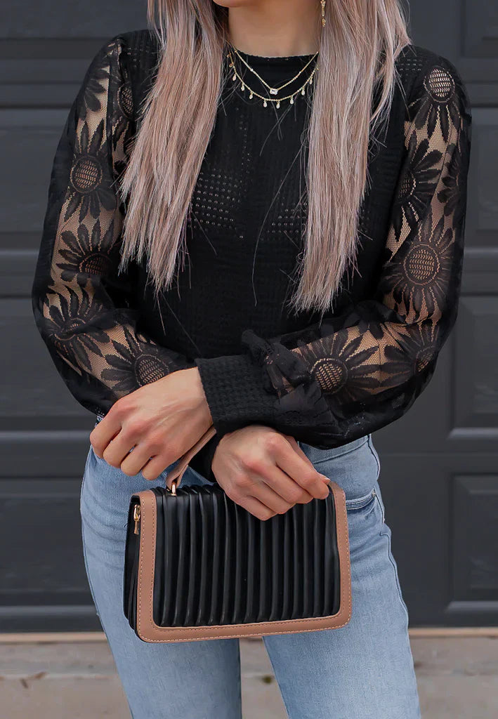 Waffle-Knit Top with Sunflower Lace Mesh Sleeves